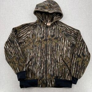 VTG Y2K Cabelas Treebark Hooded Camo Fleece Jacket Men XXL Mossy Oak Hunting USA